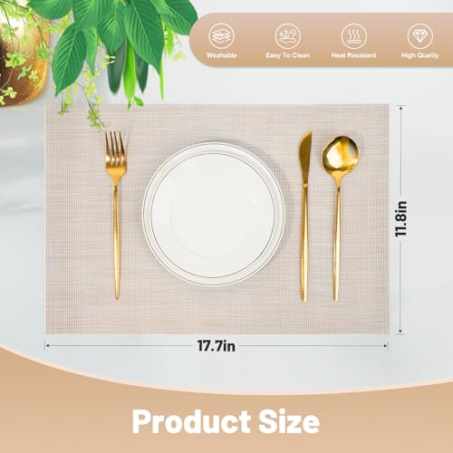 Beige White Set of 6 Non-Slip PVC Weave Placemats for Dining Table - Heat Resistant & Easy to Clean