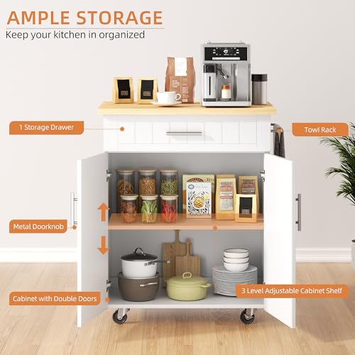 Rolling Kitchen Island Cart with Storage Cabinet & Wheels - White