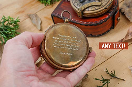 Personalized Solid Brass Sundial Compass with Engraved Leather Pouch