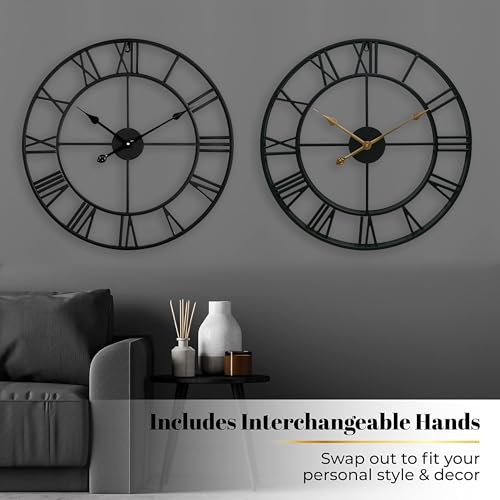 Black Roman Numeral 24 Inch Wall Clock - Silent Metal Decor for Living Room