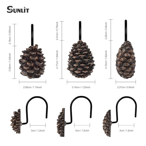 Sunlit Pinecone Family Shower Curtain Hooks Set of 12 with Black Hooks, Winter Christmas Decor