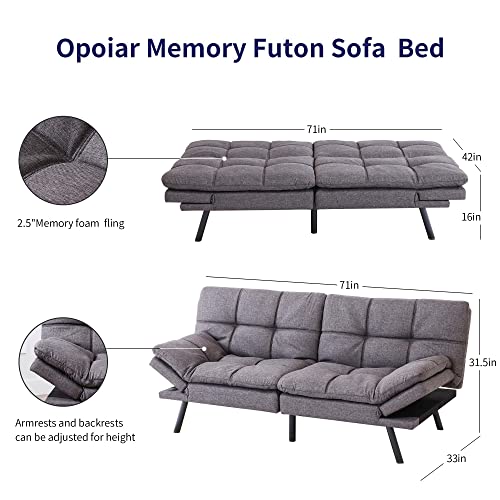 Convertible Linen Futon Sofa Bed, 71-Inch Memory Foam Couch for Small Spaces
