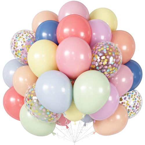 KAINSY Macaron Pastel Balloons 60pcs – 12in Latex Party Pack with Confetti