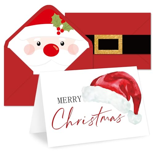 Whaline 50 Xmas Greeting Cards with Envelopes & Stickers, 4x6 inch Santa Claus Notes