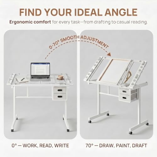Adjustable Glass Top Drawing Table with Storage Drawers & Wheels