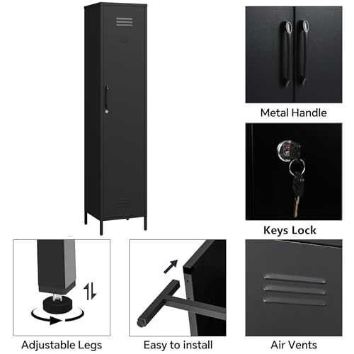 Tall Single Door Metal Storage Locker Cabinet with 3 Adjustable Shelves