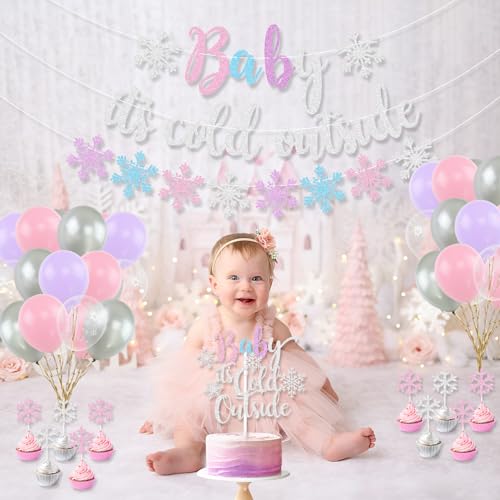 Winter Wonderland Baby Shower Decorations Kit - Snowflake Banner, Balloons & Cake Toppers
