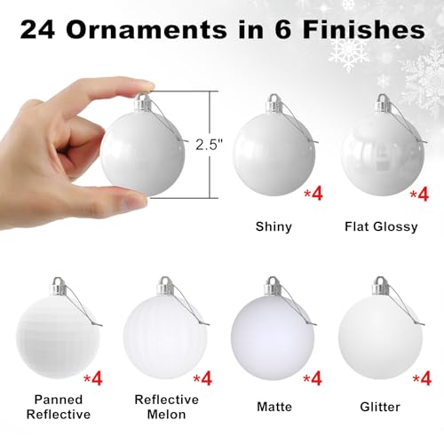 White Shatterproof Christmas Tree Balls - 2.5" Hanging Ornaments (Set of 24)