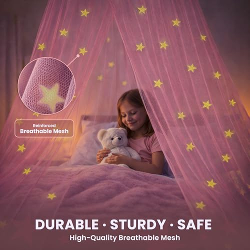 Pink Princess Bed Canopy with LED Star Lights - Fits Twin to Queen Beds