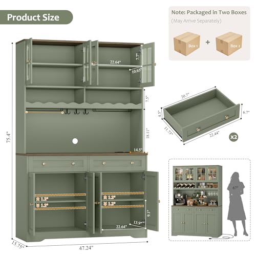 75" Tall Kitchen Pantry Storage Cabinet with Coffee Bar Hutch & Outlet