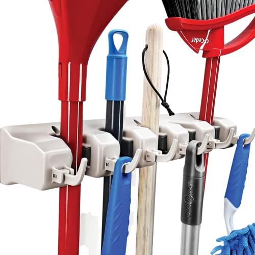 Broom and Mop Holder Wall Mount Garage Organizer with 5 Slots and 6 Hooks