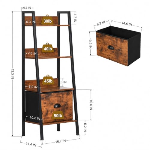 4-Tier Industrial Ladder Bookshelf with Removable Fabric Storage Drawer