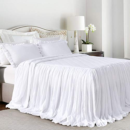 White Ruffle Skirt Bedspread Set - Queen 3-Piece Farmhouse Bedding