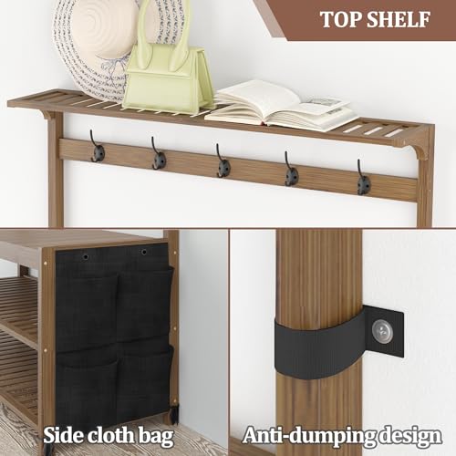 Bamboo Hall Tree with Shoe Storage Bench and 14 Coat Hooks, Large Size