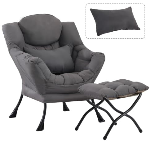 Modern Lazy Lounge Chair with Ottoman and Lumbar Pillow, Dark Grey