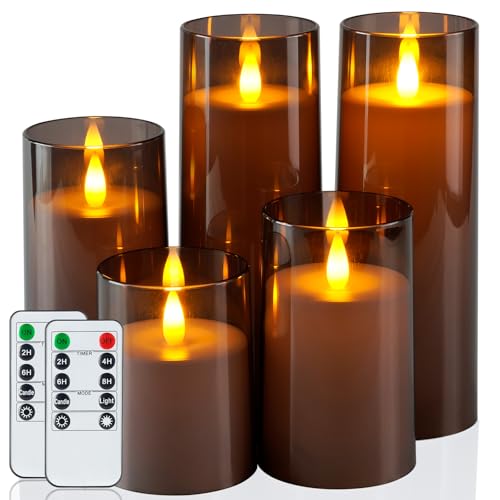 Homemory Gray Flickering Flameless Candles with Remote & Timer Set - 4/5/6/8 Inch Height