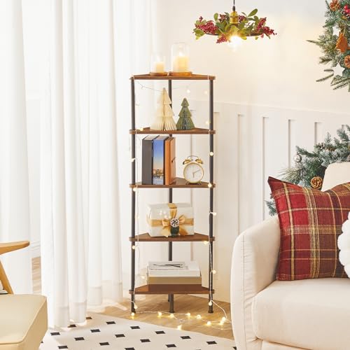 5-Tier Industrial Corner Bookshelf, Rustic Brown Metal Storage Display Stand