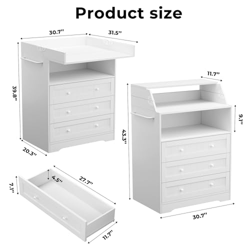 Foldable Baby Changing Table with 3 Drawers and Open Storage, White