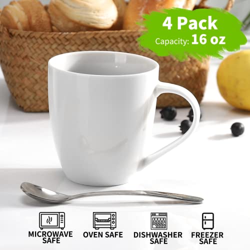 Mfacoy 16oz White Coffee Mug Set of 4 with 4 x 4.25 Inch Handles - Ceramic Drinkware