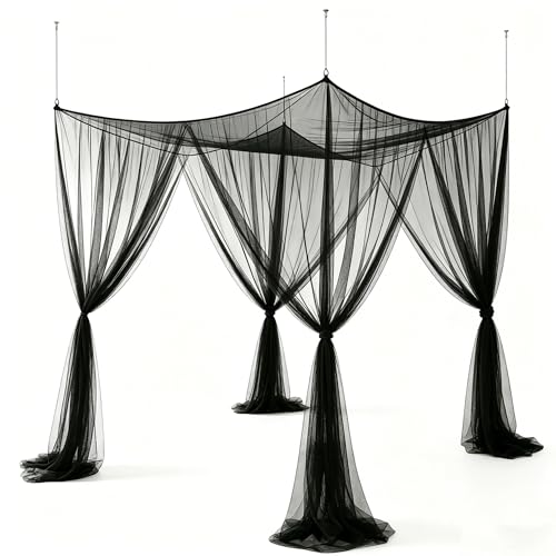 Black Mosquito Net Bed Canopy - 4 Corner Post Curtains for King & Queen