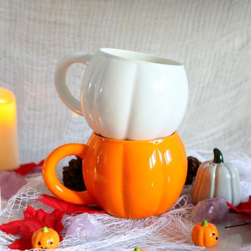 HOPOYGOS White Pumpkin Mug - Large 17oz Ceramic Coffee & Tea Cup, Fall Halloween Decor