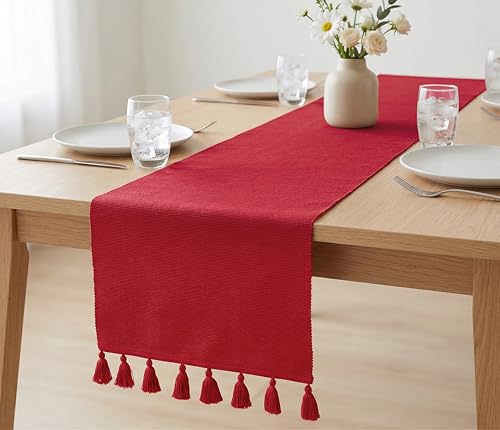 PurpleEssences Red Solid Ribbed Cotton Table Runner 13x72 in - Home Decor