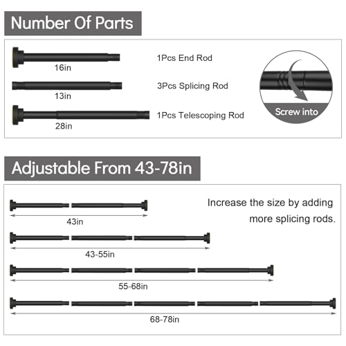Thestoa Adjustable Black Shower Curtain Rod 43-78 Inch No Drill Tension Rod