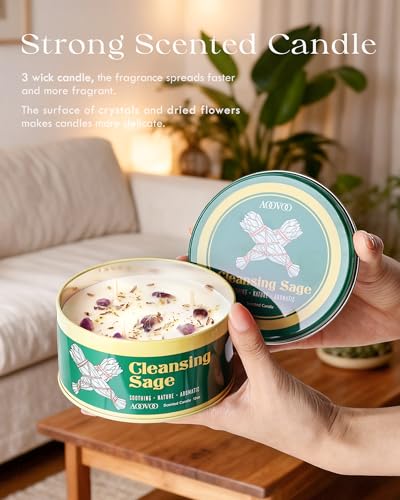 Sage Cleansing Candle with Crystals - 12oz 3-Wick Soy Aromatherapy Candle