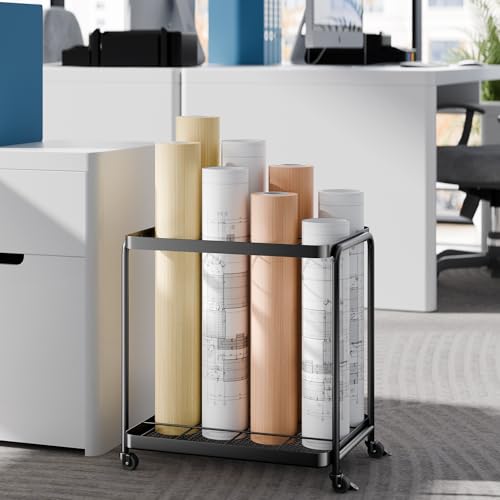 12-Slot Rolling Blueprint Storage Rack with Silent Wheels and Carbon Steel Frame