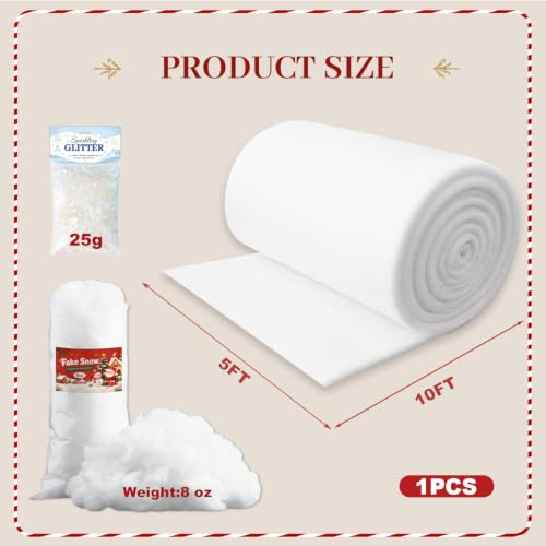 White 5x10ft Fake Snow Blanket with Glitter for Christmas Village Decoration - 3pcs Set