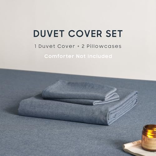 100% Washed Cotton Queen Duvet Cover Set - 3-Piece Bedding, Denim Blue