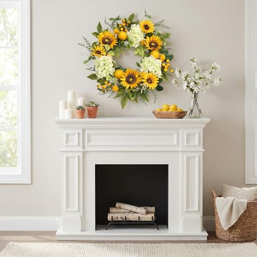 22-Inch Sunflower and Hydrangea Wreath with Lemons for Front Door