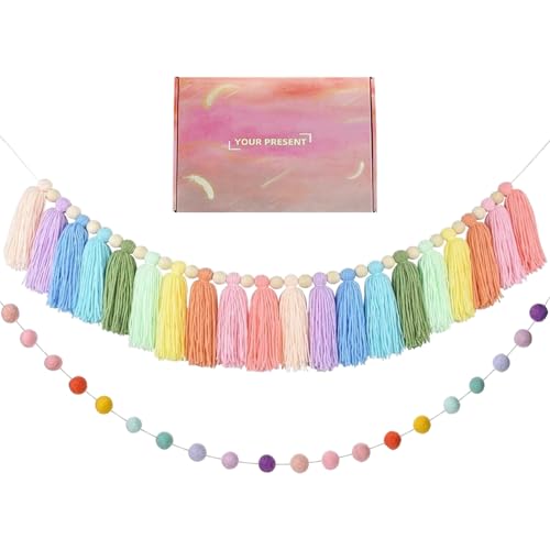 Boho Felt Pom Pom Tassel Garland - Colorful 6.5ft Wall Hanging Decor