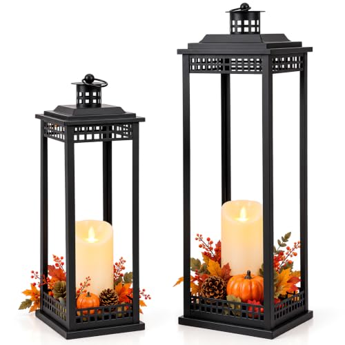 Large Lanterns Decorative Indoor 23in & 17in Black Floor Lanterns with Candles – 2 Pcs