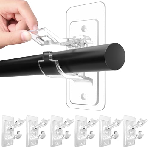 No-Drill Self-Adhesive Curtain Rod Holders, Clear Stick-On Brackets (6-Pack)