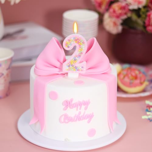 Pink Number 2 Birthday Candle - Glitter Macaron Cake Topper Decor