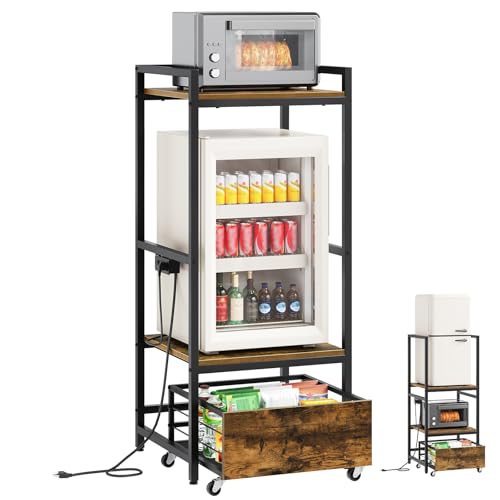 Mini Fridge and Microwave Stand with Power Outlet and Storage Drawer