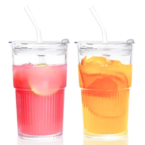 16oz Ribbed Glass Tumbler Set with Leak-Proof Lids and Straws