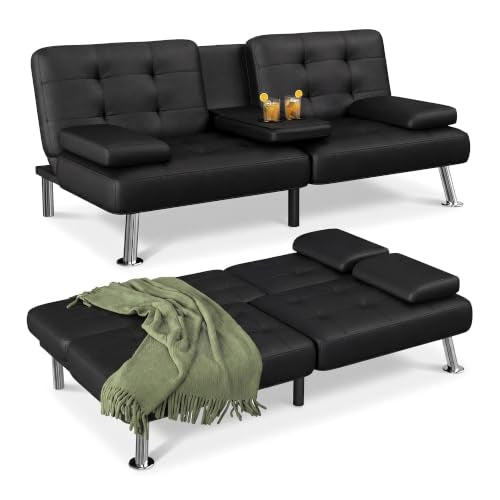 Flamaker Black Faux Leather Futon Sofa Bed Convertible Loveseat with Adjustable Back