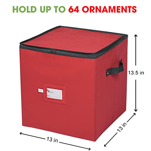 Primode Red Christmas Ornament Storage Box with 4 Trays, Holds 64 Decorations