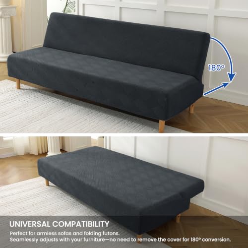 Stretch Futon Cover | Anti-Slip Armless Sofa Bed Slipcover, Dark Gray, Full Size 67-82 inches