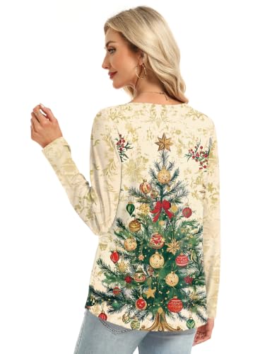 AKEWEI Women's Christmas Long Sleeve Graphic Shirt - Apricot Tree, X-Large Holiday Top