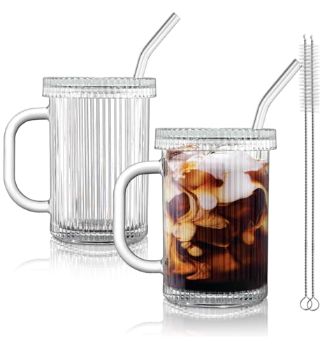Joeyan Clear Ribbed 13oz Glass Tumbler with Lid, Straw & Handle – 2-Pack, Dishwasher Safe (Variation: Clear Ribbed Glass Tumbler)