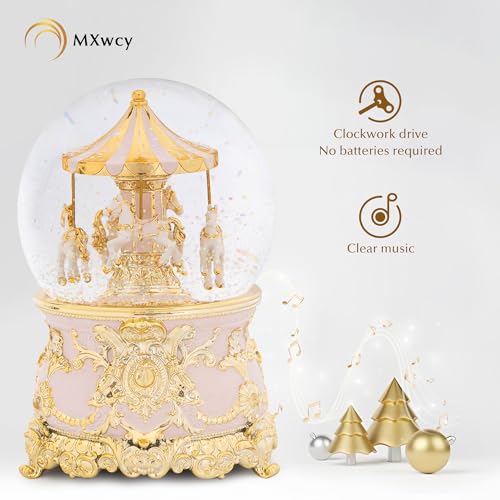 7.1-Inch Rotating Carousel Snow Globe Music Box - Gold and Pink