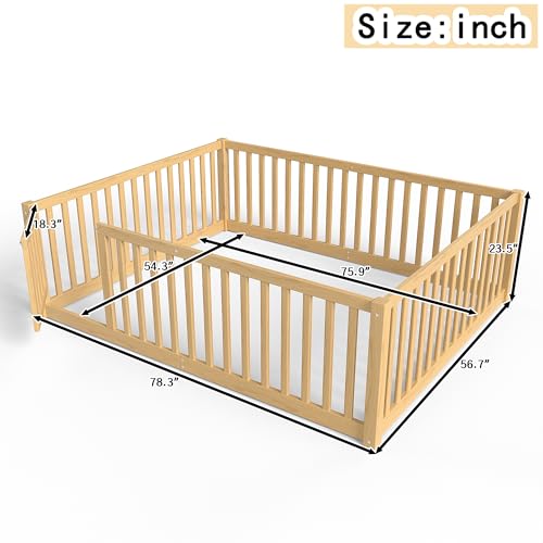 Full Size Montessori Floor Bed Frame with Door and High Guardrail