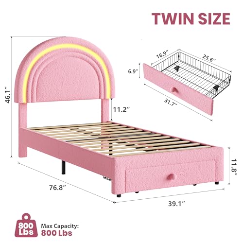 Twin Upholstered LED Rainbow Bed Frame with Storage Drawer, Pink
