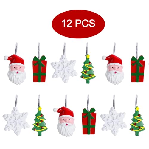 ZCHOMI 12PCS Christmas Shower Curtain Hooks - 4 Design Winter Holiday Bath Decor