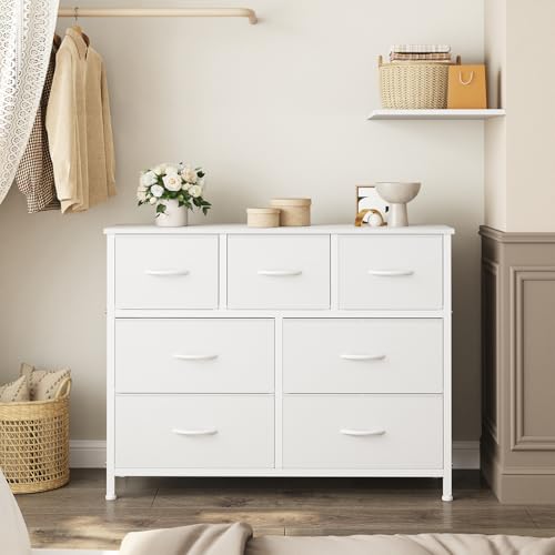 7-Drawer Fabric Dresser Storage Tower with Wood Top & Steel Frame