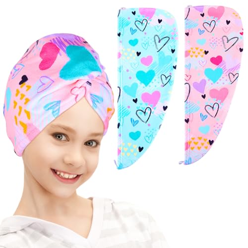 FIOBEE Love Microfiber Kids Hair Towel Wrap - Quick Dry Hair Turban for Girls, 2 Pack