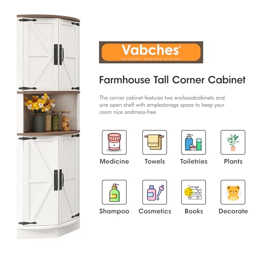 Tall Farmhouse Corner Cabinet with Barn Doors and 5 Storage Shelves, White